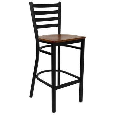 HERCULES Black Ladder Back Metal Bar Stool with Cherry Wood Seat - XU-DG697BLAD-BAR-CHYW-GG