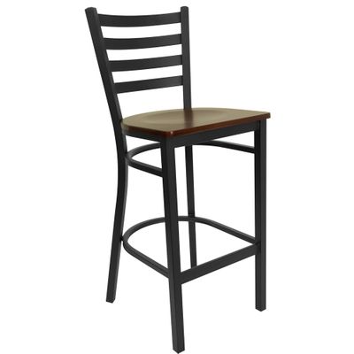 HERCULES Black Ladder Back Metal Bar Stool with Mahogany Wood Seat - XU-DG697BLAD-BAR-MAHW-GG