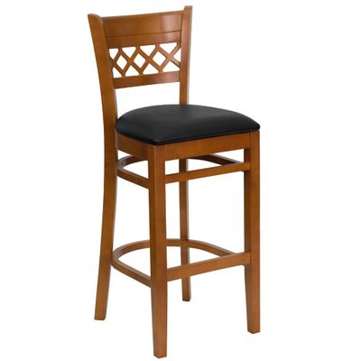 HERCULES Cherry Finished Lattice Back Wood Bar Stool - Black Vinyl Seat - XU-DGW0015BARLAT-CHY-BLKV-GG