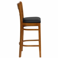 HERCULES Cherry Finished Lattice Back Wood Bar Stool - Black Vinyl Seat - XU-DGW0015BARLAT-CHY-BLKV-GG