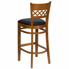 HERCULES Cherry Finished Lattice Back Wood Bar Stool - Black Vinyl Seat - XU-DGW0015BARLAT-CHY-BLKV-GG