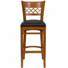 HERCULES Cherry Finished Lattice Back Wood Bar Stool - Black Vinyl Seat - XU-DGW0015BARLAT-CHY-BLKV-GG