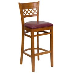 HERCULES Cherry Finished Lattice Back Wood Bar Stool - Burgundy Vinyl Seat - XU-DGW0015BARLAT-CHY-BURV-GG