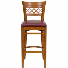 HERCULES Cherry Finished Lattice Back Wood Bar Stool - Burgundy Vinyl Seat - XU-DGW0015BARLAT-CHY-BURV-GG