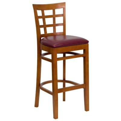 HERCULES Cherry Finished Window Back Wooden Restaurant Bar Stool - Burgundy Vinyl Upholstered Seat - XU-DGW0007BARWIN-CHY-BURV-GG