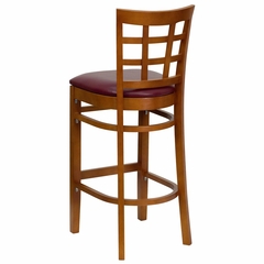 HERCULES Cherry Finished Window Back Wooden Restaurant Bar Stool - Burgundy Vinyl Upholstered Seat - XU-DGW0007BARWIN-CHY-BURV-GG