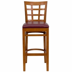 HERCULES Cherry Finished Window Back Wooden Restaurant Bar Stool - Burgundy Vinyl Upholstered Seat - XU-DGW0007BARWIN-CHY-BURV-GG