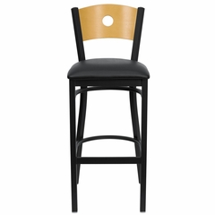HERCULES Circle Back Black Metal Bar Stool with Black Vinyl Seat and Natural Wood Back - XU-DG-6F6B-CIR-BAR-BLKV-GG