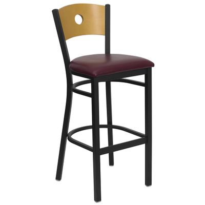 HERCULES Circle Back Black Metal Bar Stool with Burgundy Vinyl Seat and Natural Wood Back - XU-DG-6F6B-CIR-BAR-BURV-GG