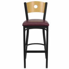 HERCULES Circle Back Black Metal Bar Stool with Burgundy Vinyl Seat and Natural Wood Back - XU-DG-6F6B-CIR-BAR-BURV-GG