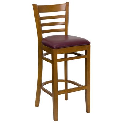 HERCULES Ladder Back Cherry Wood Bar Stool with Burgundy Vinyl Seat - XU-DGW0005BARLAD-CHY-BURV-GG