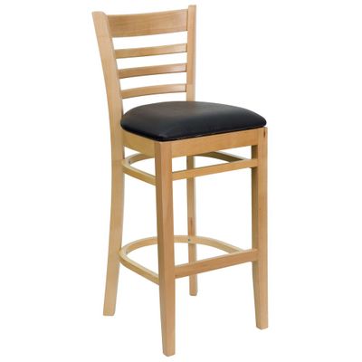HERCULES Ladder Back Natural Wood Bar Stool with Black Vinyl Seat - XU-DGW0005BARLAD-NAT-BLKV-GG