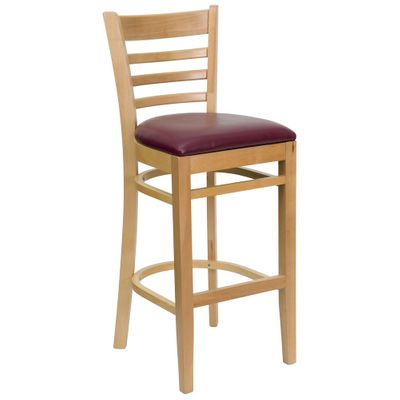HERCULES Ladder Back Natural Wood Bar Stool with Burgundy Vinyl Seat - XU-DGW0005BARLAD-NAT-BURV-GG