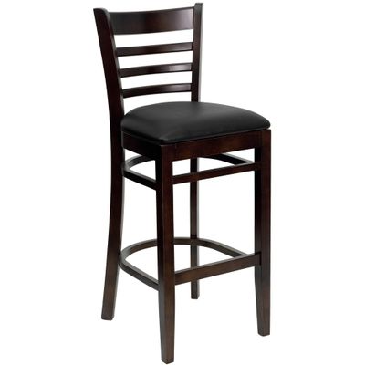 HERCULES Ladder Back Walnut Wood Bar Stool with Black Vinyl Seat - XU-DGW0005BARLAD-WAL-BLKV-GG