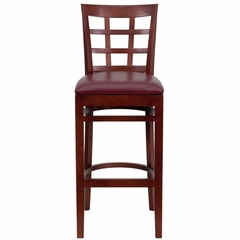 HERCULES Mahogany Finished Window Back Wooden Restaurant Bar Stool - Burgundy Vinyl Upholstered Seat - XU-DGW0007BARWIN-MAH-BURV-GG