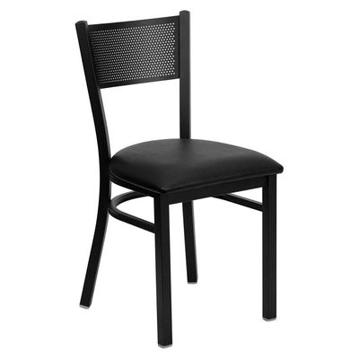 HERCULES Series Black Grid Back Metal Restaurant Chair - Black Vinyl Seat - XU-DG-60115-GRD-BLKV-GG