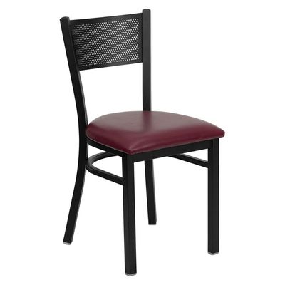 HERCULES Series Black Grid Back Metal Restaurant Chair - Burgundy Vinyl Seat - XU-DG-60115-GRD-BURV-GG