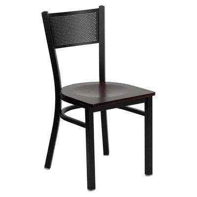 HERCULES Series Black Grid Back Metal Restaurant Chair - Mahogany Wood Seat - XU-DG-60115-GRD-MAHW-GG
