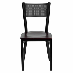 HERCULES Series Black Grid Back Metal Restaurant Chair - Mahogany Wood Seat - XU-DG-60115-GRD-MAHW-GG