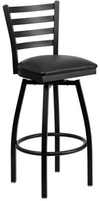 HERCULES Series Black Ladder Back Swivel Metal Bar Stool - Black Vinyl Seat  - XU-6F8B-LADSWVL-BLKV-GG