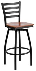 HERCULES Series Black Ladder Back Swivel Metal Bar Stool - Cherry Wood Seat  - XU-6F8B-LADSWVL-CHYW-GG