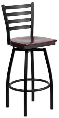 HERCULES Series Black Ladder Back Swivel Metal Bar Stool - Mahogany Wood Seat  - XU-6F8B-LADSWVL-MAHW-GG