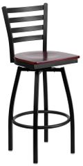 HERCULES Series Black Ladder Back Swivel Metal Bar Stool - Mahogany Wood Seat  - XU-6F8B-LADSWVL-MAHW-GG