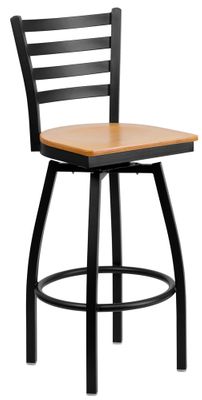 HERCULES Series Black Ladder Back Swivel Metal Bar Stool - Natural Wood Seat  - XU-6F8B-LADSWVL-NATW-GG