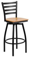 HERCULES Series Black Ladder Back Swivel Metal Bar Stool - Natural Wood Seat  - XU-6F8B-LADSWVL-NATW-GG