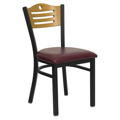 HERCULES Series Black Slat Back Metal Restaurant Chair - Natural Wood Back, Burgundy Vinyl Seat - XU-DG-6G7B-SLAT-BURV-GG