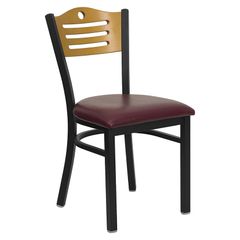 HERCULES Series Black Slat Back Metal Restaurant Chair - Natural Wood Back, Burgundy Vinyl Seat - XU-DG-6G7B-SLAT-BURV-GG