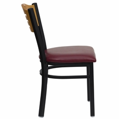 HERCULES Series Black Slat Back Metal Restaurant Chair - Natural Wood Back, Burgundy Vinyl Seat - XU-DG-6G7B-SLAT-BURV-GG