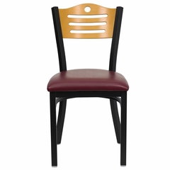 HERCULES Series Black Slat Back Metal Restaurant Chair - Natural Wood Back, Burgundy Vinyl Seat - XU-DG-6G7B-SLAT-BURV-GG