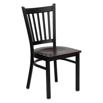 HERCULES Series Black Vertical Back Metal Restaurant Chair - Mahogany Wood Seat - XU-DG-6Q2B-VRT-MAHW-GG