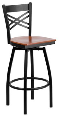 HERCULES Series Black ''X'' Back Swivel Metal Bar Stool - Cherry Wood Seat  - XU-6F8B-XSWVL-CHYW-GG