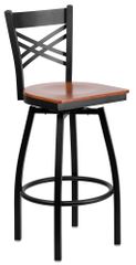 HERCULES Series Black ''X'' Back Swivel Metal Bar Stool - Cherry Wood Seat  - XU-6F8B-XSWVL-CHYW-GG