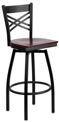 HERCULES Series Black ''X'' Back Swivel Metal Bar Stool - Mahogany Wood Seat  - XU-6F8B-XSWVL-MAHW-GG