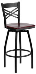 HERCULES Series Black ''X'' Back Swivel Metal Bar Stool - Mahogany Wood Seat  - XU-6F8B-XSWVL-MAHW-GG