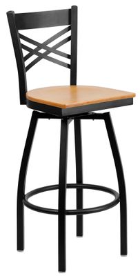 HERCULES Series Black ''X'' Back Swivel Metal Bar Stool - Natural Wood Seat  - XU-6F8B-XSWVL-NATW-GG