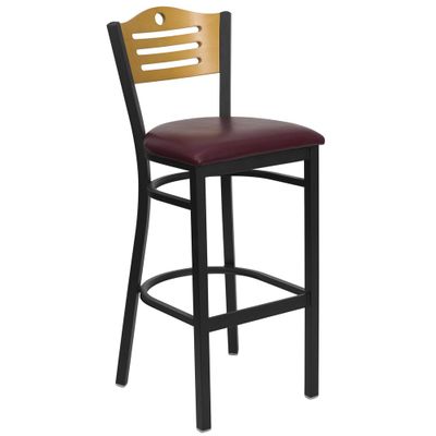 HERCULES Slat Back Black Metal Bar Stool with Burgundy Vinyl Seat and Natural Wood Back - XU-DG-6H3B-SLAT-BAR-BURV-GG
