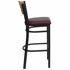 HERCULES Slat Back Black Metal Bar Stool with Burgundy Vinyl Seat and Natural Wood Back - XU-DG-6H3B-SLAT-BAR-BURV-GG