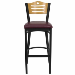 HERCULES Slat Back Black Metal Bar Stool with Burgundy Vinyl Seat and Natural Wood Back - XU-DG-6H3B-SLAT-BAR-BURV-GG