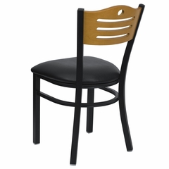 HERCULES Slat Back Black Metal Restaurant Dining Chair with Black Vinyl Seat and Natural Wood Back - XU-DG-6G7B-SLAT-BLKV-GG