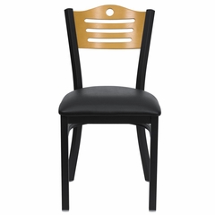 HERCULES Slat Back Black Metal Restaurant Dining Chair with Black Vinyl Seat and Natural Wood Back - XU-DG-6G7B-SLAT-BLKV-GG