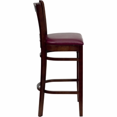 HERCULES Vertical Slat Back Mahogany Wood Bar Stool with Burgundy Vinyl Seat - XU-DGW0008BARVRT-MAH-BURV-GG