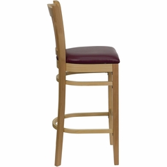 HERCULES Vertical Slat Back Natural Wood Bar Stool with Burgundy Vinyl Seat - XU-DGW0008BARVRT-NAT-BURV-GG