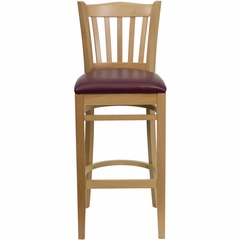 HERCULES Vertical Slat Back Natural Wood Bar Stool with Burgundy Vinyl Seat - XU-DGW0008BARVRT-NAT-BURV-GG
