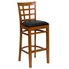 HERCULES Window Back Wood Restaurant Bar Stool - Black Vinyl Seat, Cherry Finish - XU-DGW0007BARWIN-CHY-BLKV-GG