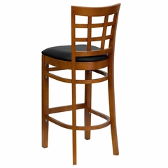 HERCULES Window Back Wood Restaurant Bar Stool - Black Vinyl Seat, Cherry Finish - XU-DGW0007BARWIN-CHY-BLKV-GG