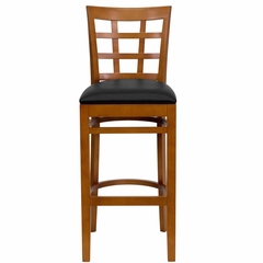 HERCULES Window Back Wood Restaurant Bar Stool - Black Vinyl Seat, Cherry Finish - XU-DGW0007BARWIN-CHY-BLKV-GG